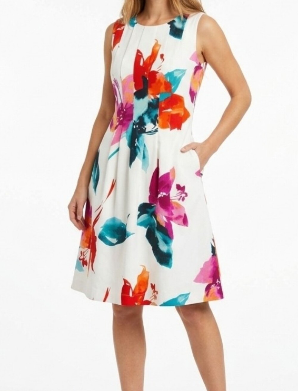 Vince Camuto Women Sz 6 Floral Dress Sleeveless White Scuba Lined Summer Stretch